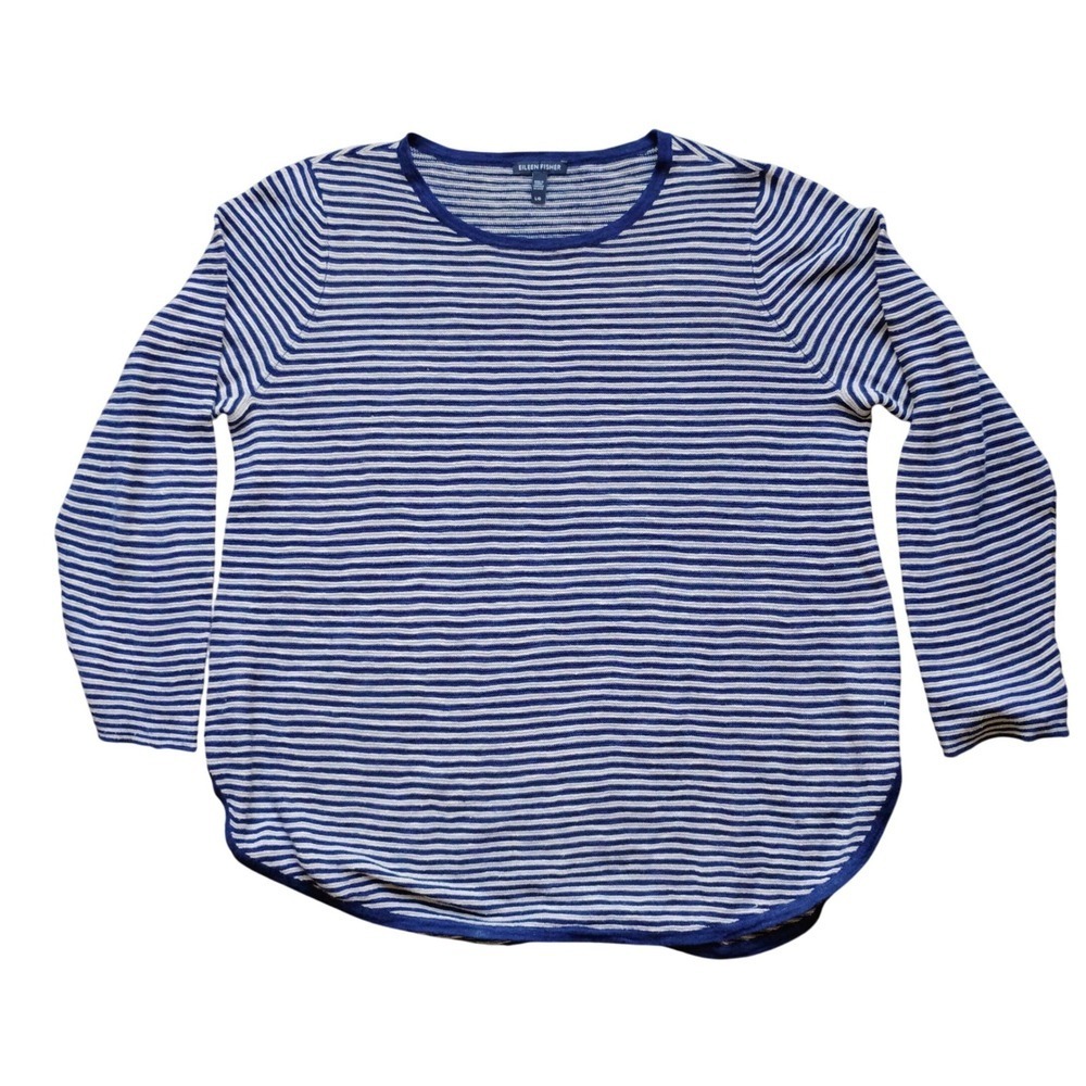 Eileen Fisher Blue Striped Long Sleeve linen/cotton Blend Knit Top Large